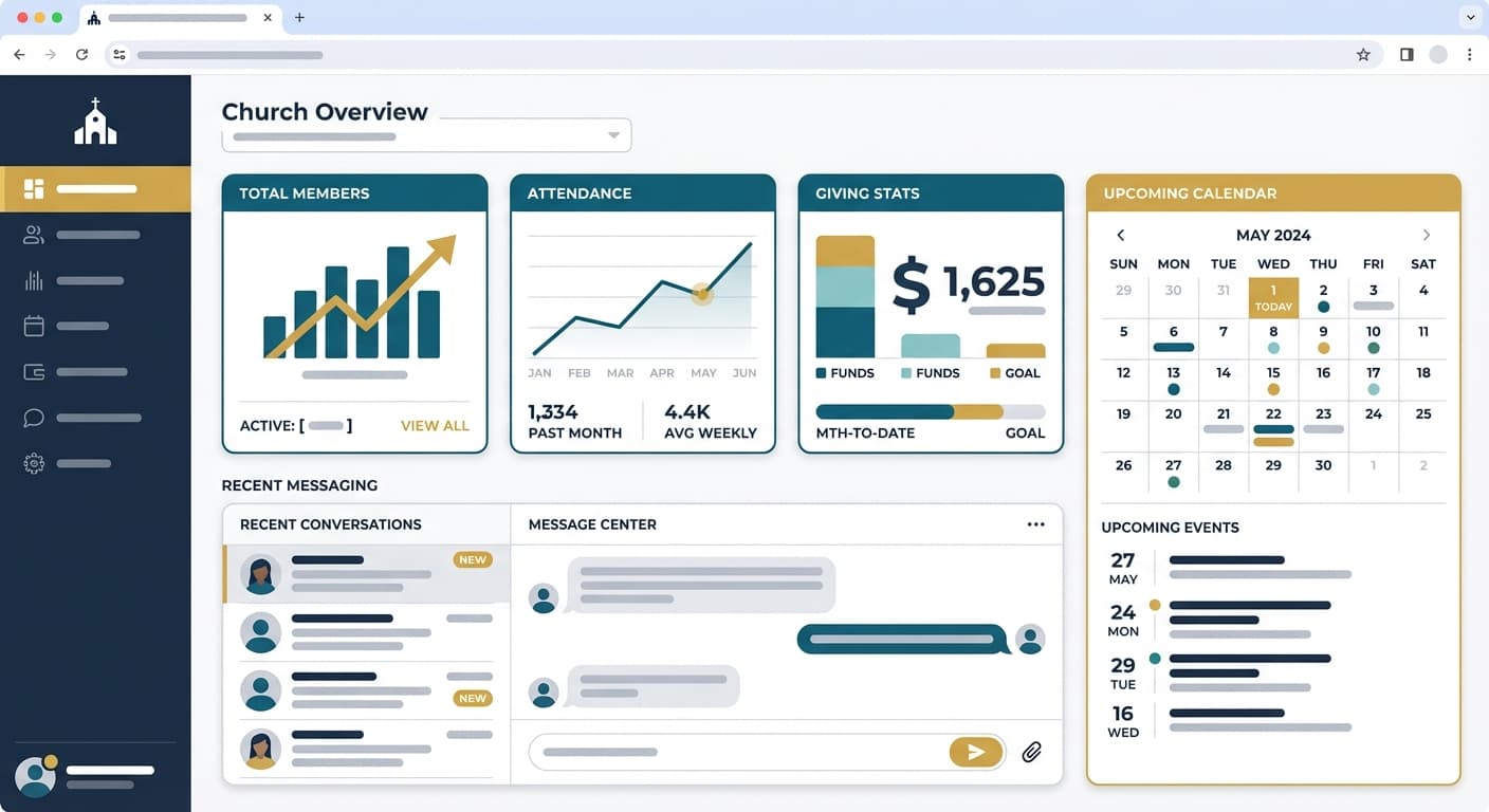 Red Letter Connect church management dashboard showing member stats, attendance, giving, calendar, and messaging