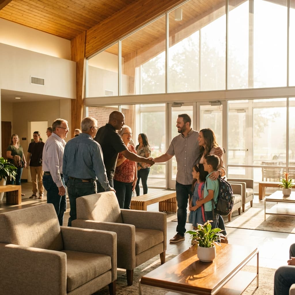 Greeters welcoming a family in a bright church lobby