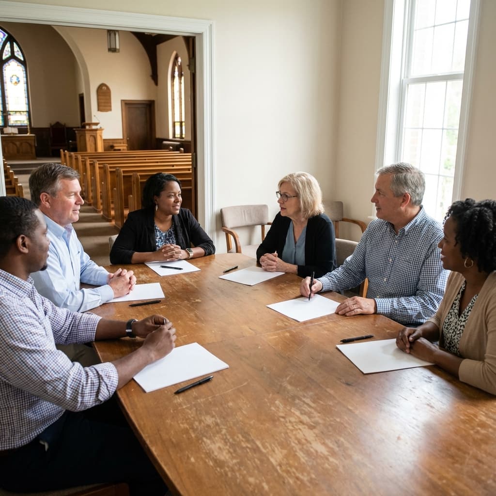 Church staff meeting to review outreach progress and ministry communication priorities
