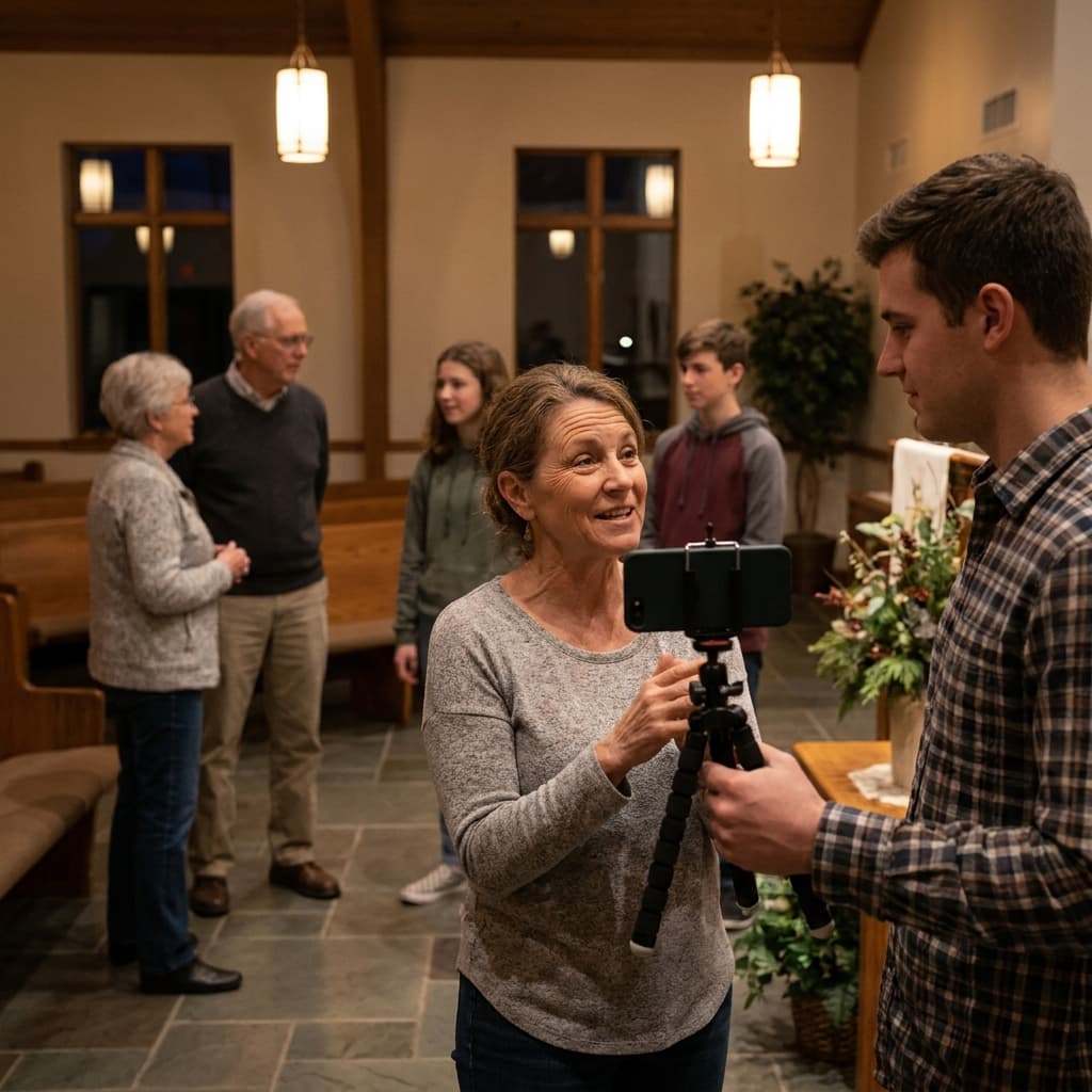 Church volunteer filming short-form social media content with smartphone