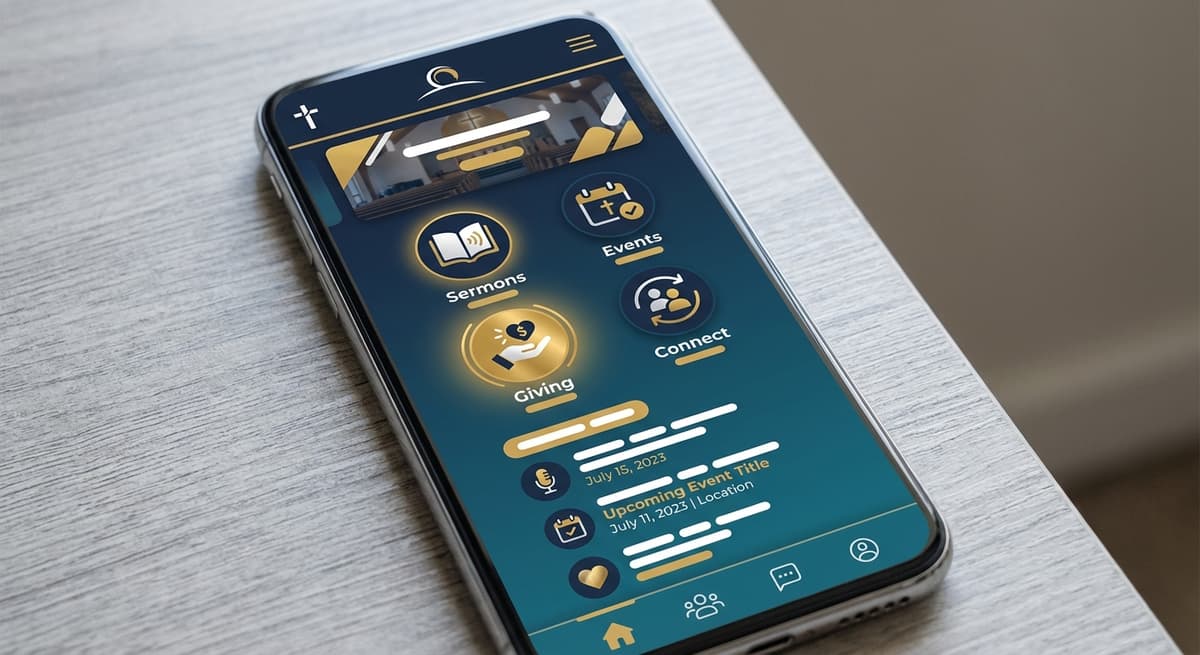 Smartphone displaying a branded church mobile app with Sermons, Events, Giving, and Connect features