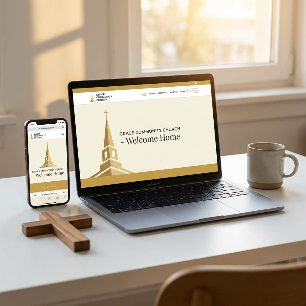 A church website displayed on a laptop and phone showing responsive design