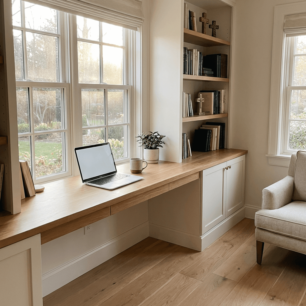 A warm, well-lit modern church office workspace with a laptop on a wooden desk
