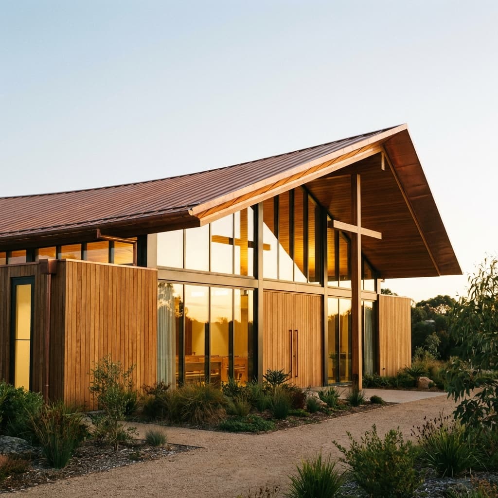 Welcoming church building exterior at golden hour