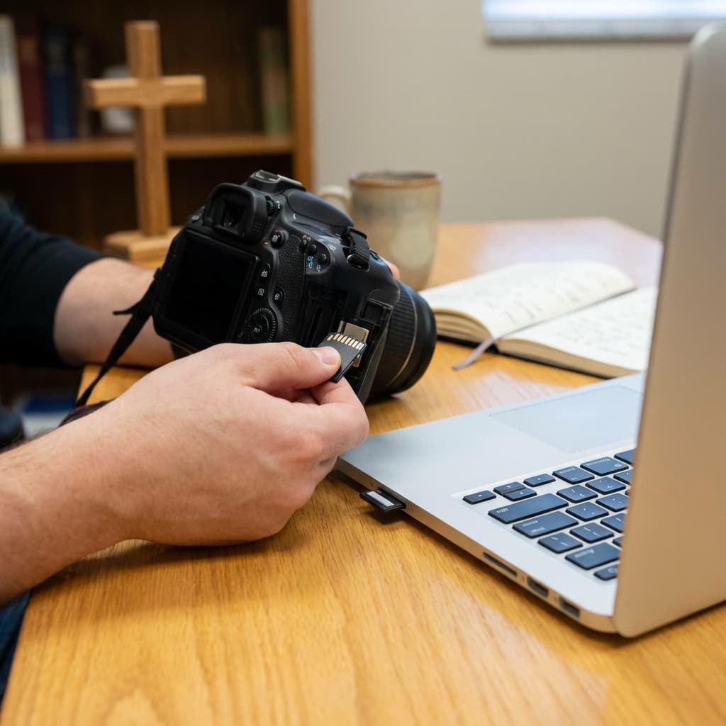 Church media volunteer editing short-form content on a laptop