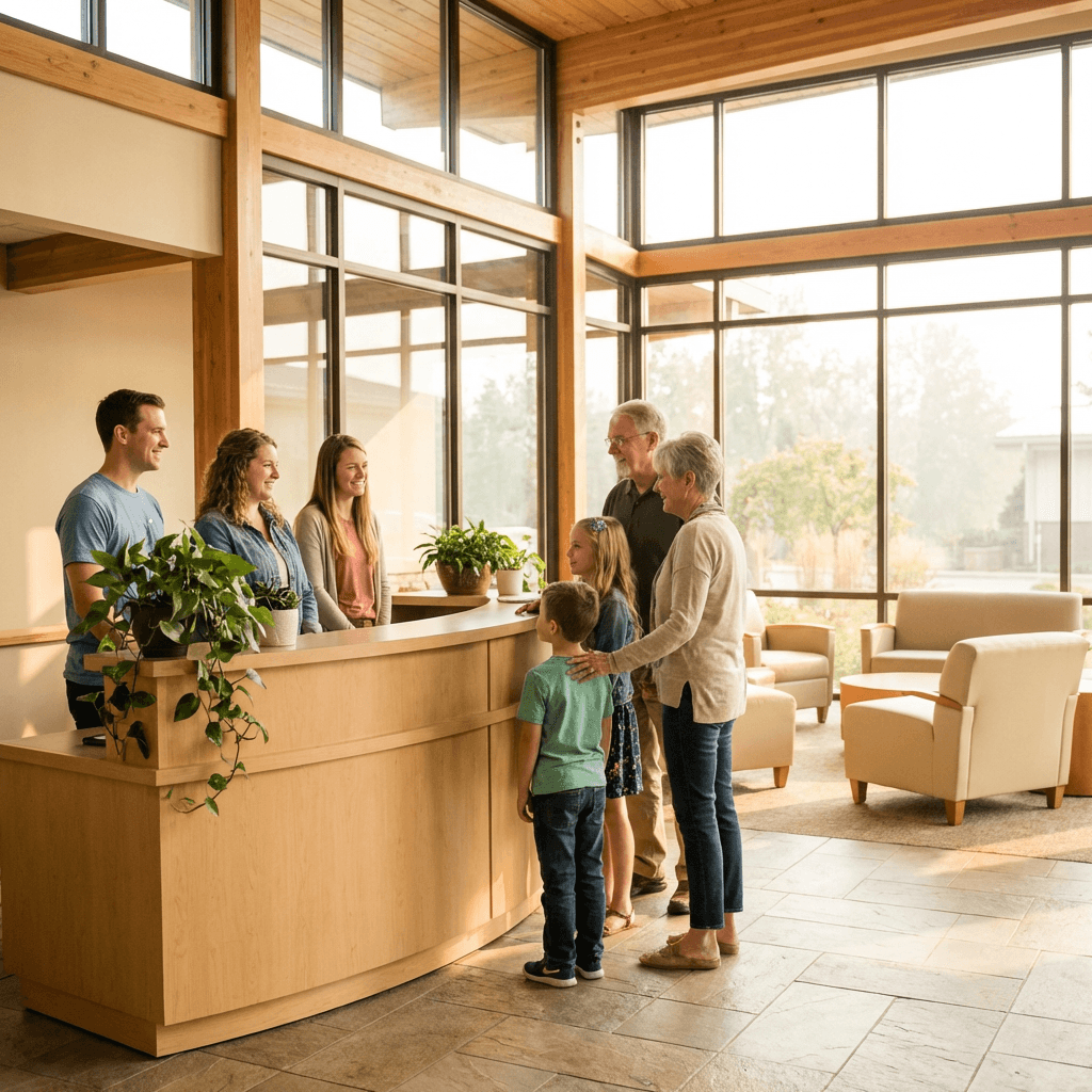 Church welcome team greeting new families in a bright church lobby