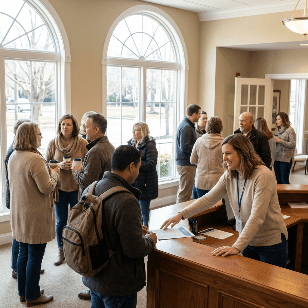 Welcoming church lobby scene with volunteer greeting first-time guest
