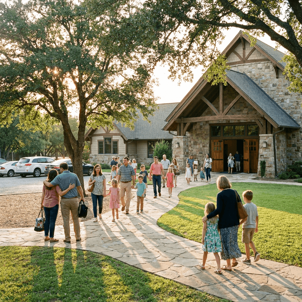Families arriving at a welcoming church entrance at sunset