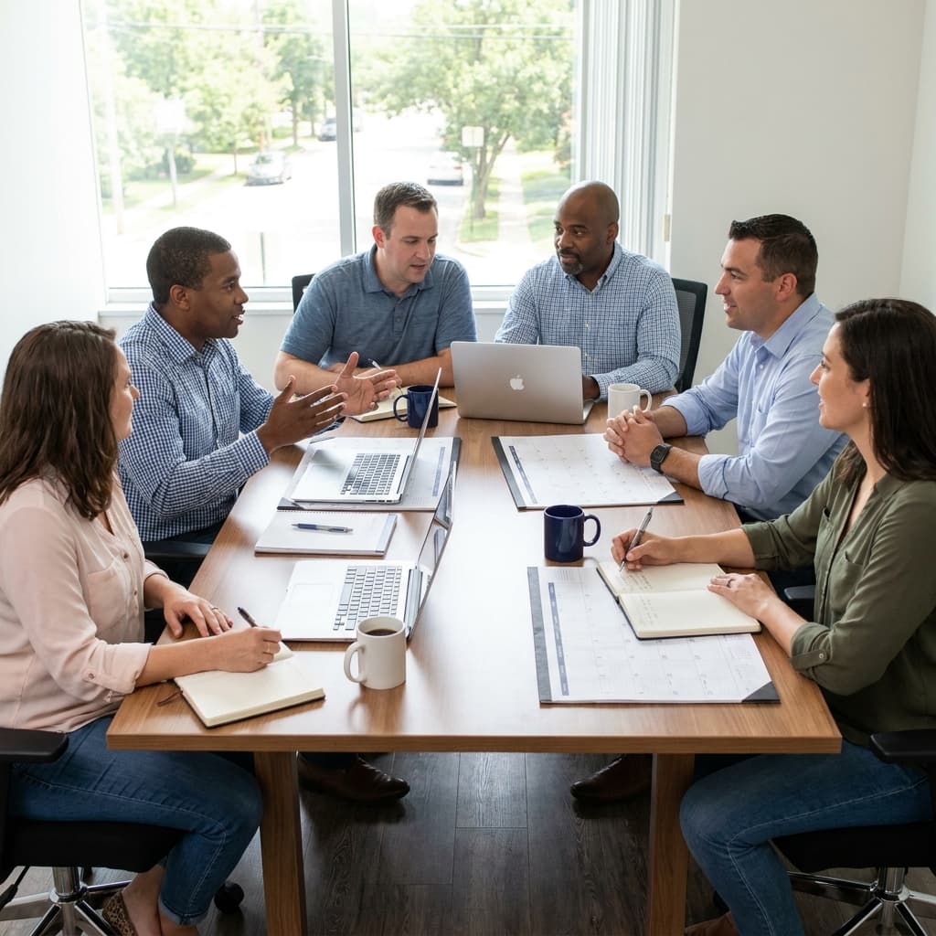 Church leaders planning a church app engagement strategy together
