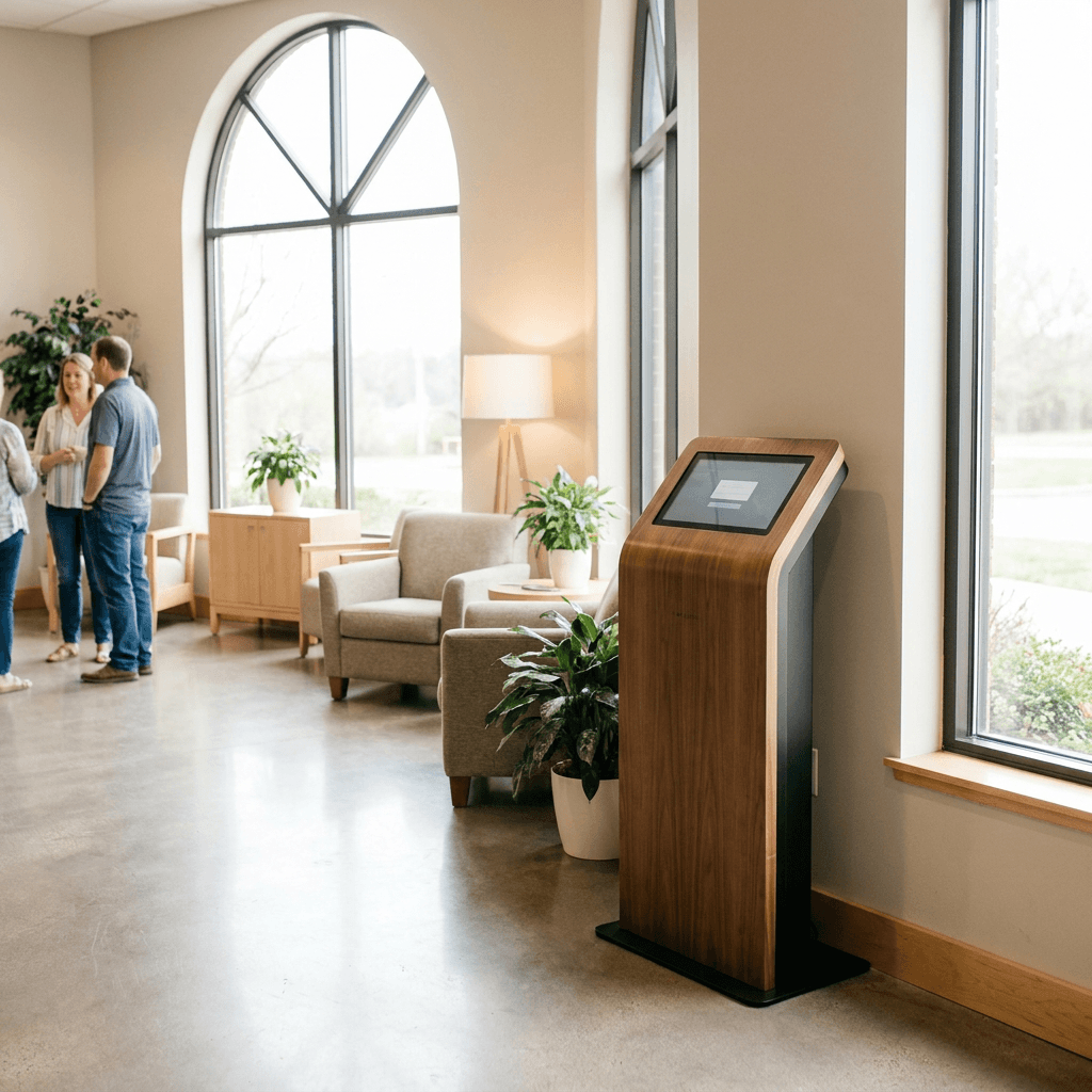 A welcoming church lobby giving scene with a modern donation kiosk, soft natural light, tasteful interior design, and no visible text
