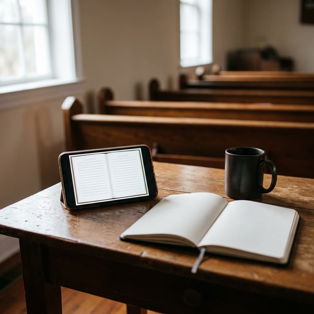 A warmly lit smartphone displaying a simple Bible reading app on a wooden table beside a notebook and coffee mug, realistic church ministry setting, no visible text