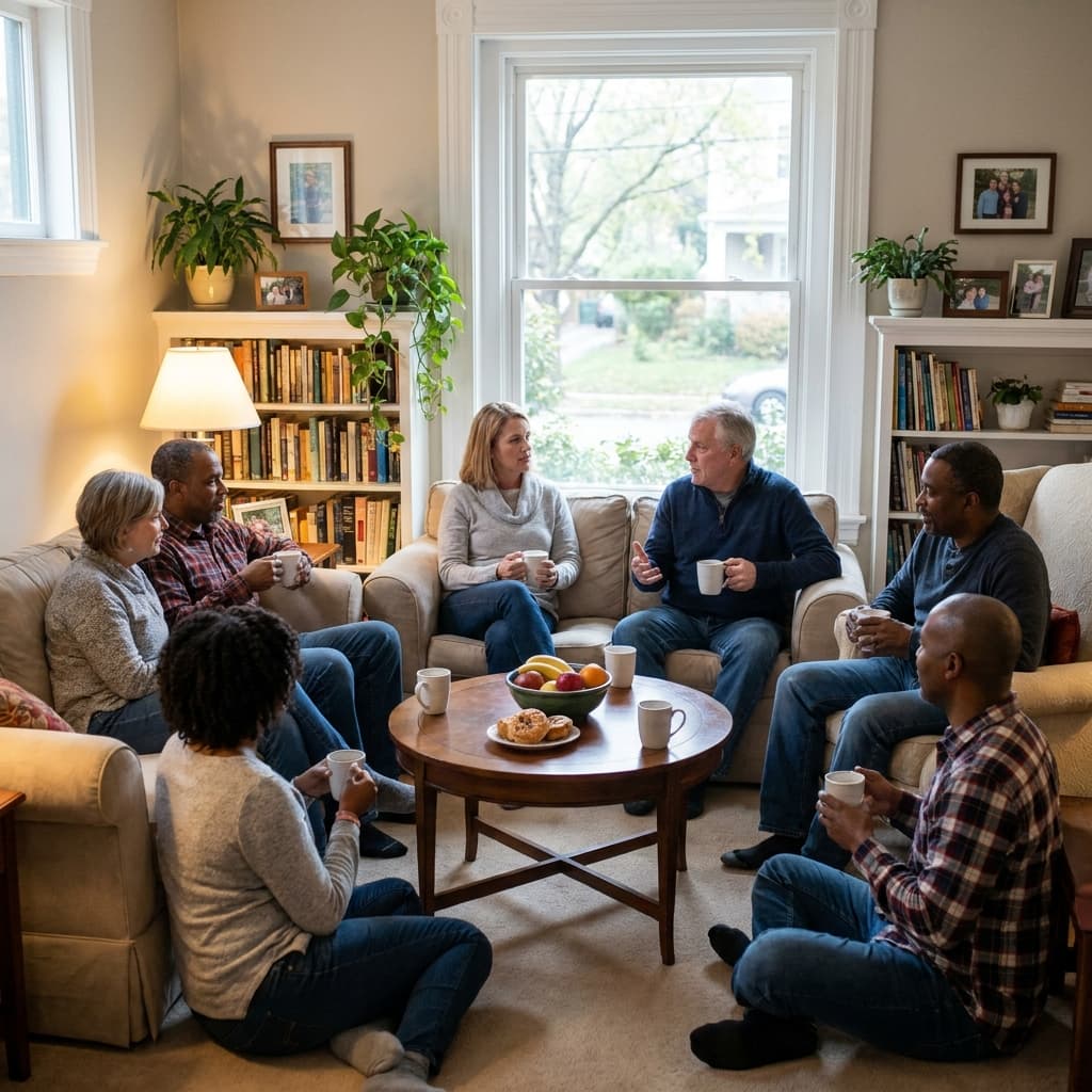 A warm, welcoming church small group gathering in a comfortable living room with diverse American adults in casual attire talking together, soft natural light, realistic setting, no visible text