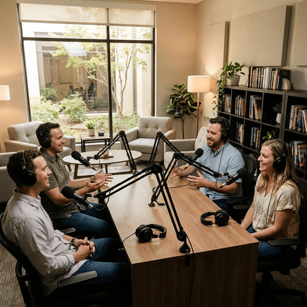 A welcoming church podcast recording setup with microphones, warm lighting, and a ministry team conversation in progress, realistic modern church office, no visible text or logos