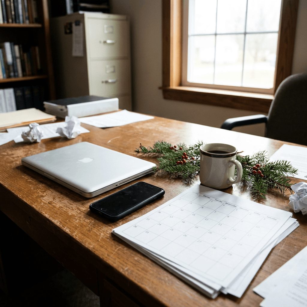 A Christmas outreach planning scene in a church office, smartphone, laptop closed, printed blank calendar, coffee mug, evergreen accents, realistic ministry workspace, no visible text or screens