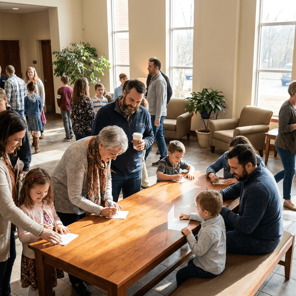 A warm church lobby where diverse American church members write heartfelt thank-you notes for their pastor at a welcome table, soft natural light, candid moment, realistic Sunday setting, no visible text