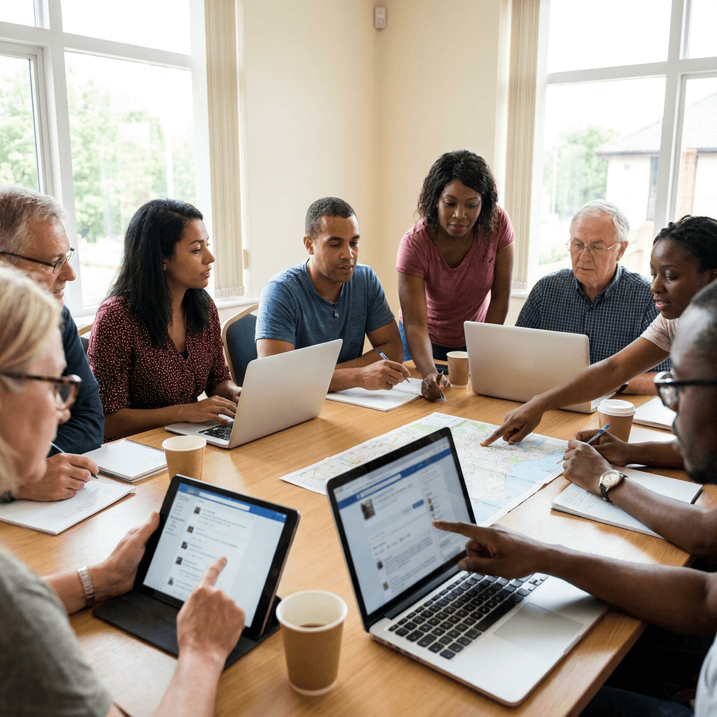 A diverse American church plant launch team reviewing a church website, social media mockups, and neighborhood outreach plan on laptops and a tablet, realistic candid strategy meeting, natural light, no visible text
