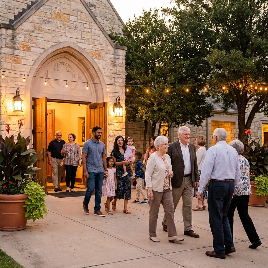 A welcoming church event with people arriving, clear signage, warm lighting, and an inviting community atmosphere