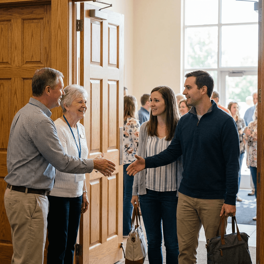Church welcome team greeting first-time guests