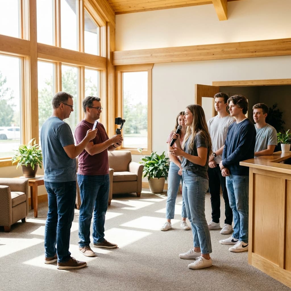 Church team filming a short-form video in a bright church lobby