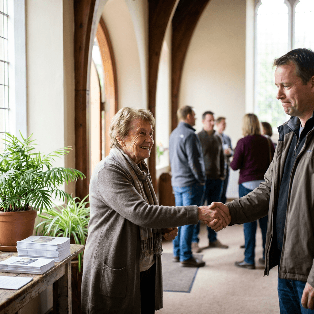 Church greeter warmly welcoming a first-time guest in the lobby