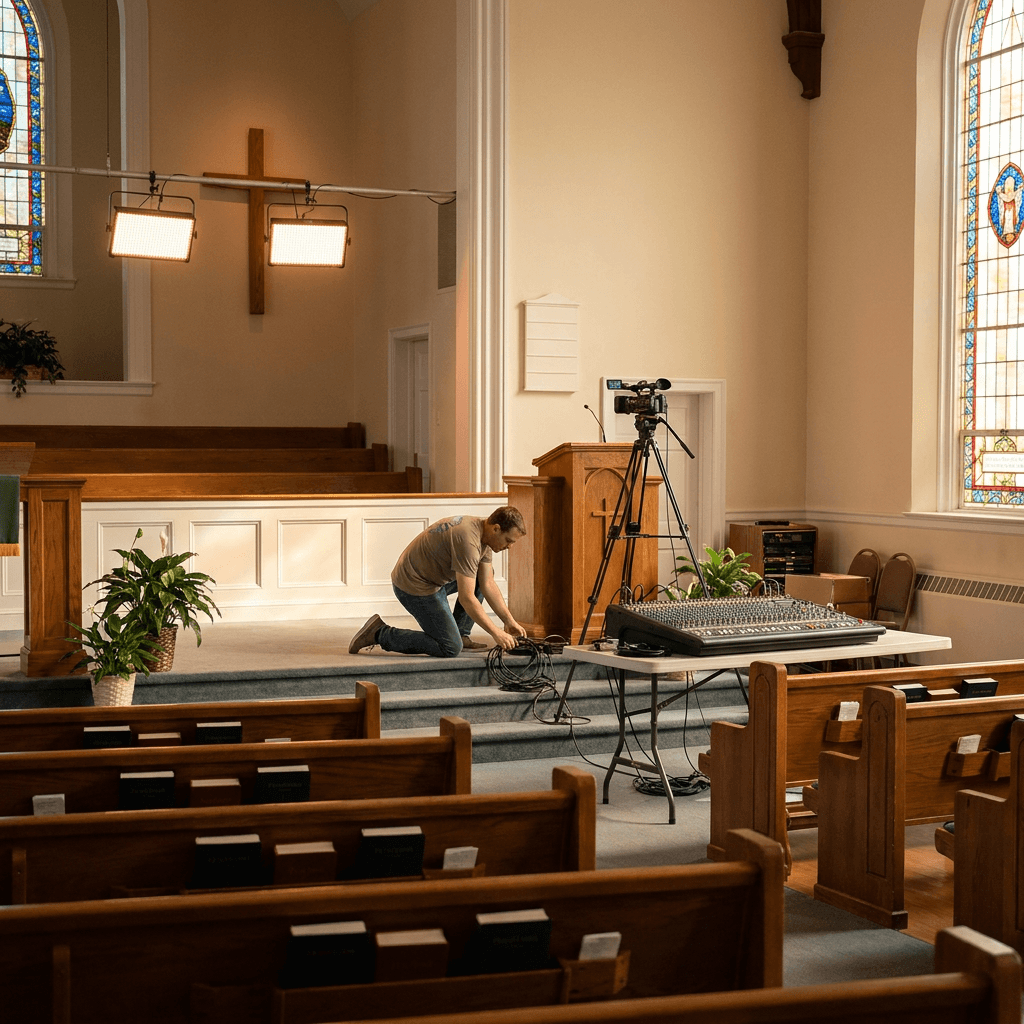 A realistic church sanctuary prepared for livestream production with camera, audio console, soft stage lighting, and a calm volunteer setup, welcoming American church environment, no visible text or logos
