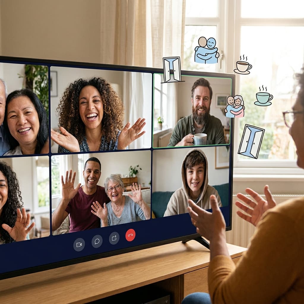 A group of diverse people interacting positively in a digital meeting or online community, illustrating digital hospitality.