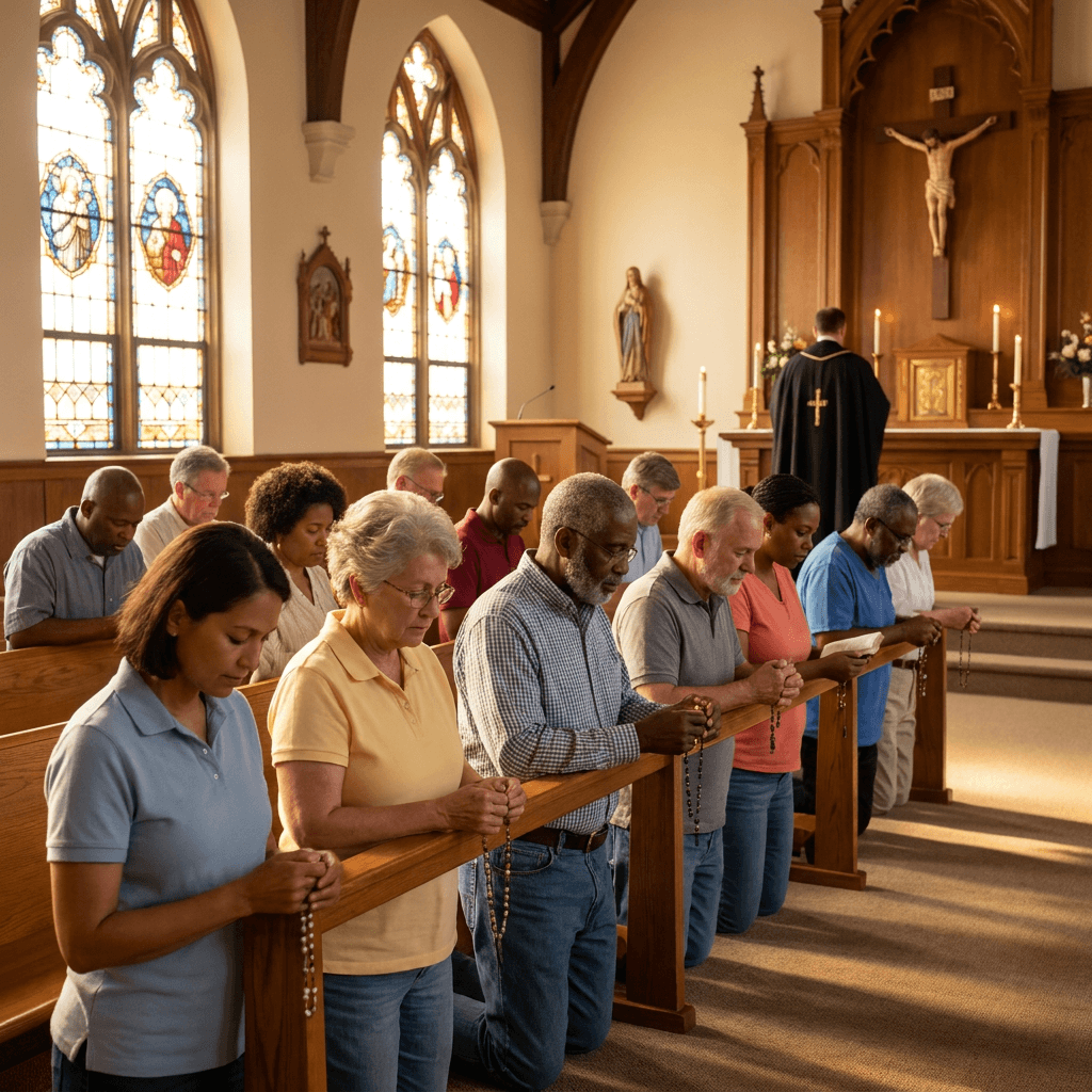 A diverse American Catholic congregation in a calm church sanctuary during a devotional prayer moment, warm natural light, reverent atmosphere, realistic scene, no visible text