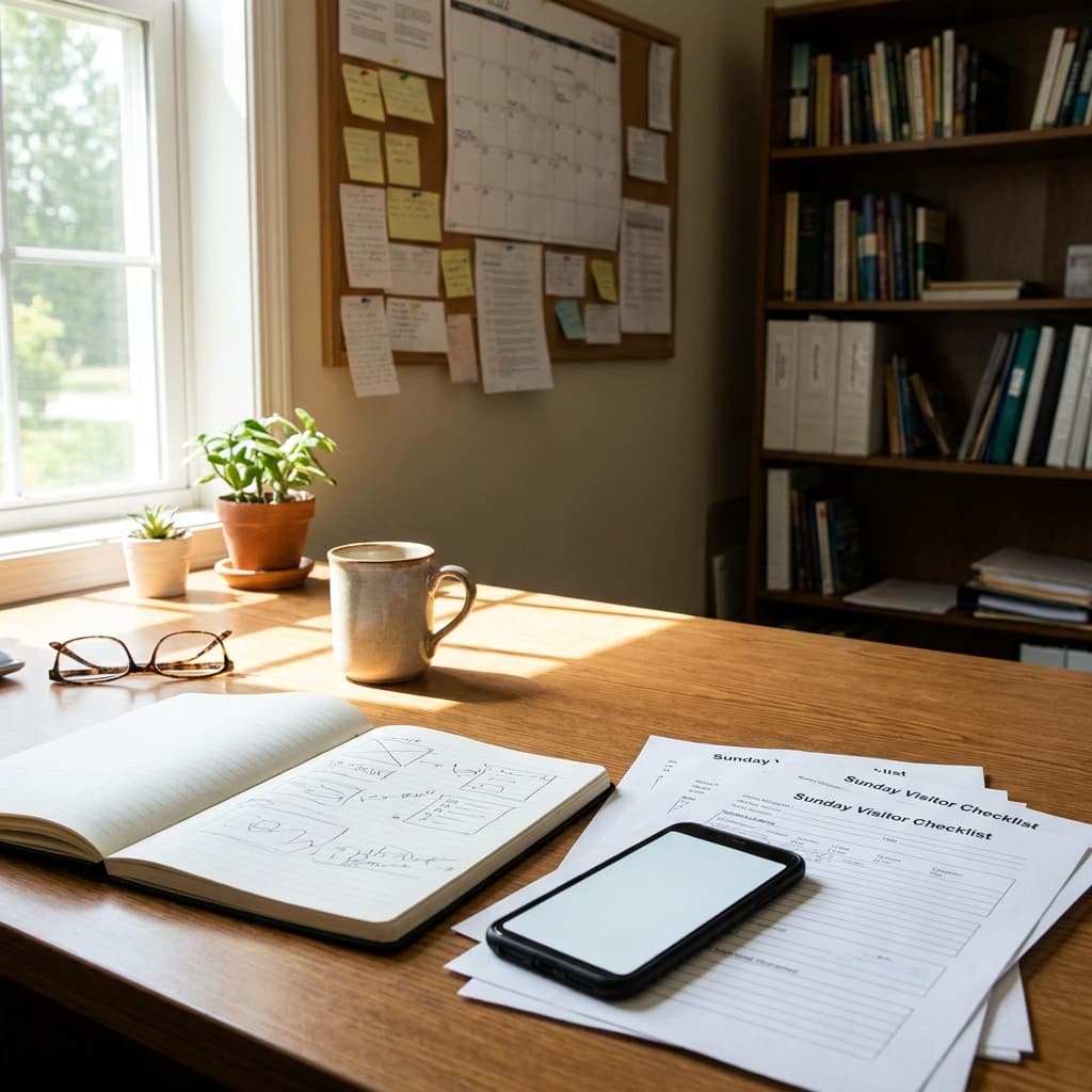 A church website planning scene with a notebook, phone, and Sunday visitor checklist on a desk, realistic ministry office, no visible text on screens