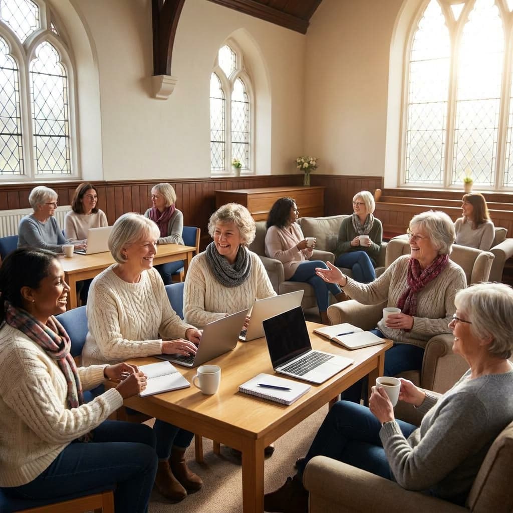 Women gathered in a warm, well-lit church community setting, some on laptops and some in conversation, planning an online Bible study together, diverse American women, natural light, realistic candid scene, no visible text