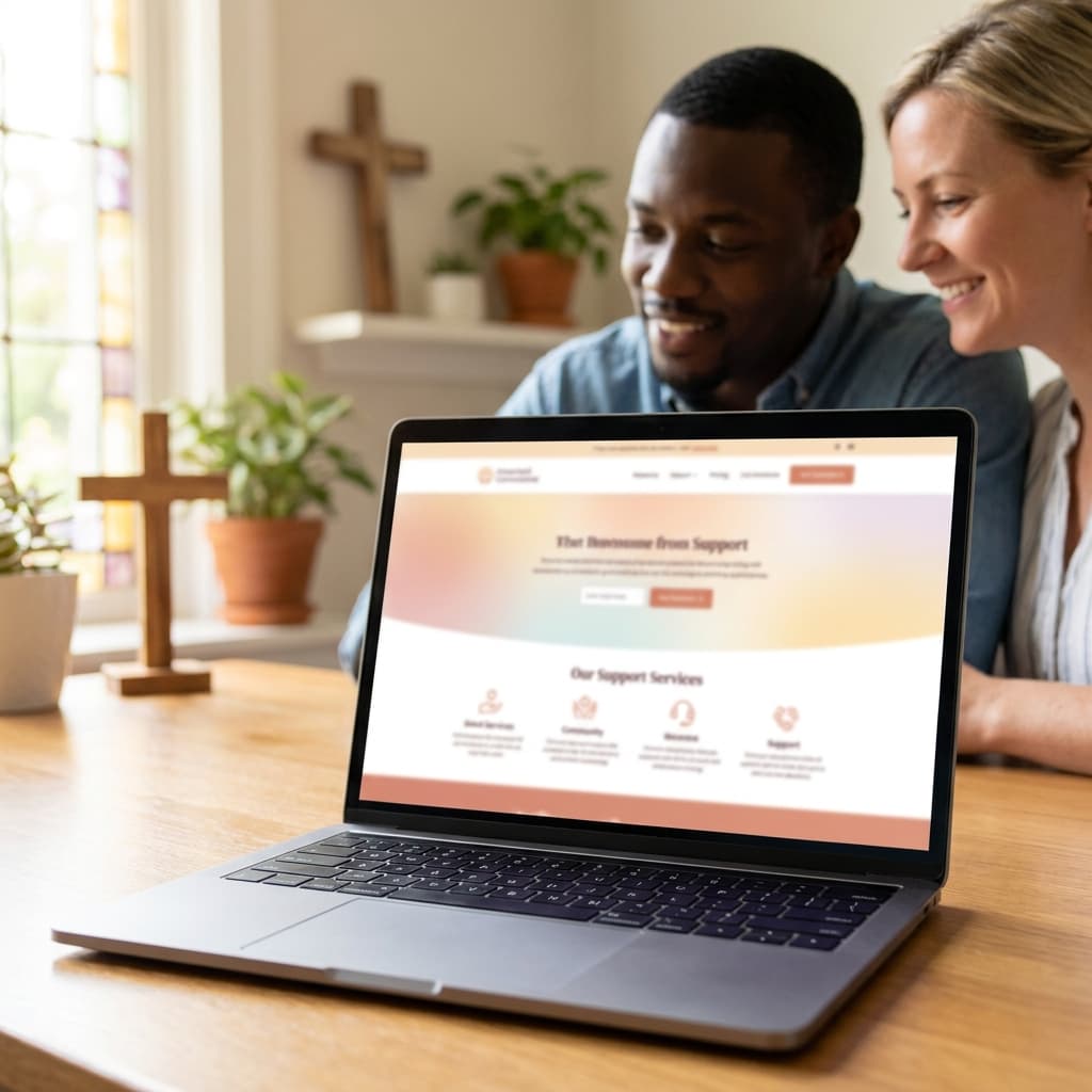 A warm, welcoming church care and counseling resource hub shown on a laptop screen in a bright church office, subtle pastoral setting, diverse American adults, hopeful tone, no visible text