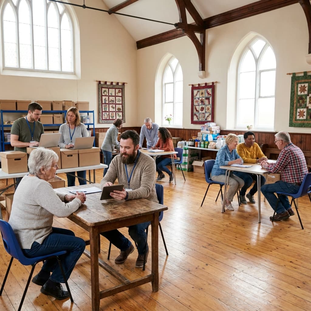 A warm, organized church community care scene with leaders connecting members through digital tools, realistic American church setting, no visible text