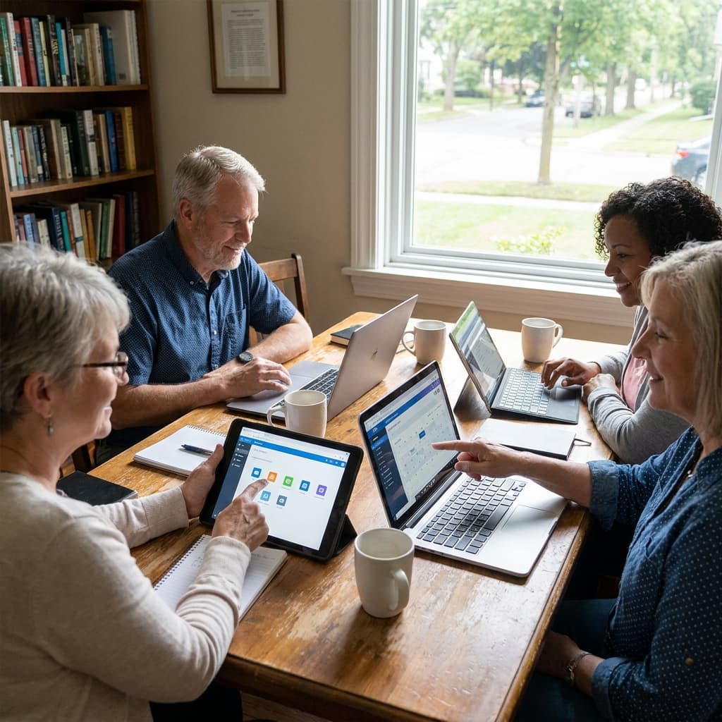 A compassionate church care team organizing prayer support through a secure digital system, realistic American church environment, no visible text