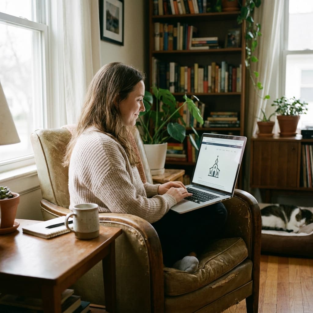 A first-time guest comfortably reading a church FAQ page on a laptop before planning a Sunday visit, with a calm welcoming home setting
