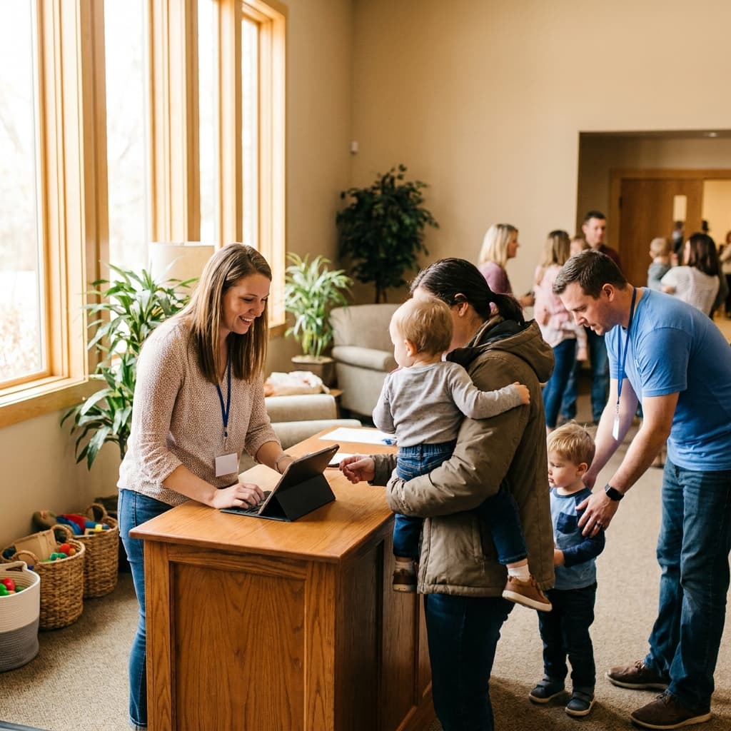 A welcoming church children's ministry check-in area with families arriving