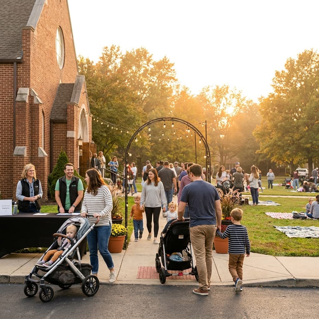 A welcoming church family event entrance with parents arriving confidently, friendly volunteers, warm evening light, realistic American church setting, no visible text