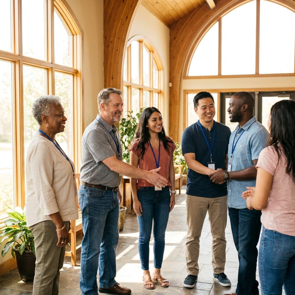 A diverse American church welcome team greeting visitors in a bright church lobby, warm natural light, realistic candid scene, no visible text