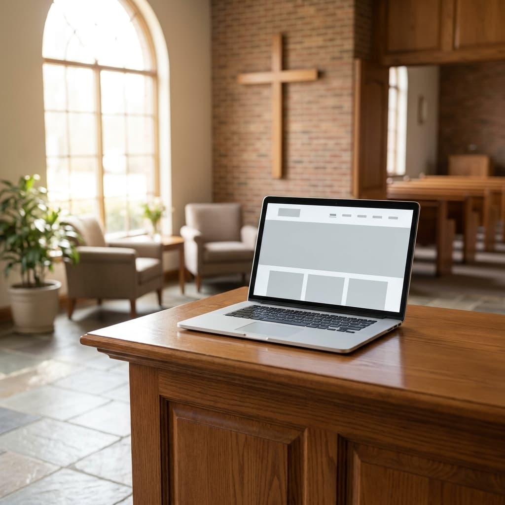 A clean church welcome desk with a laptop showing a simple website layout, soft natural light, realistic church lobby setting, no visible text