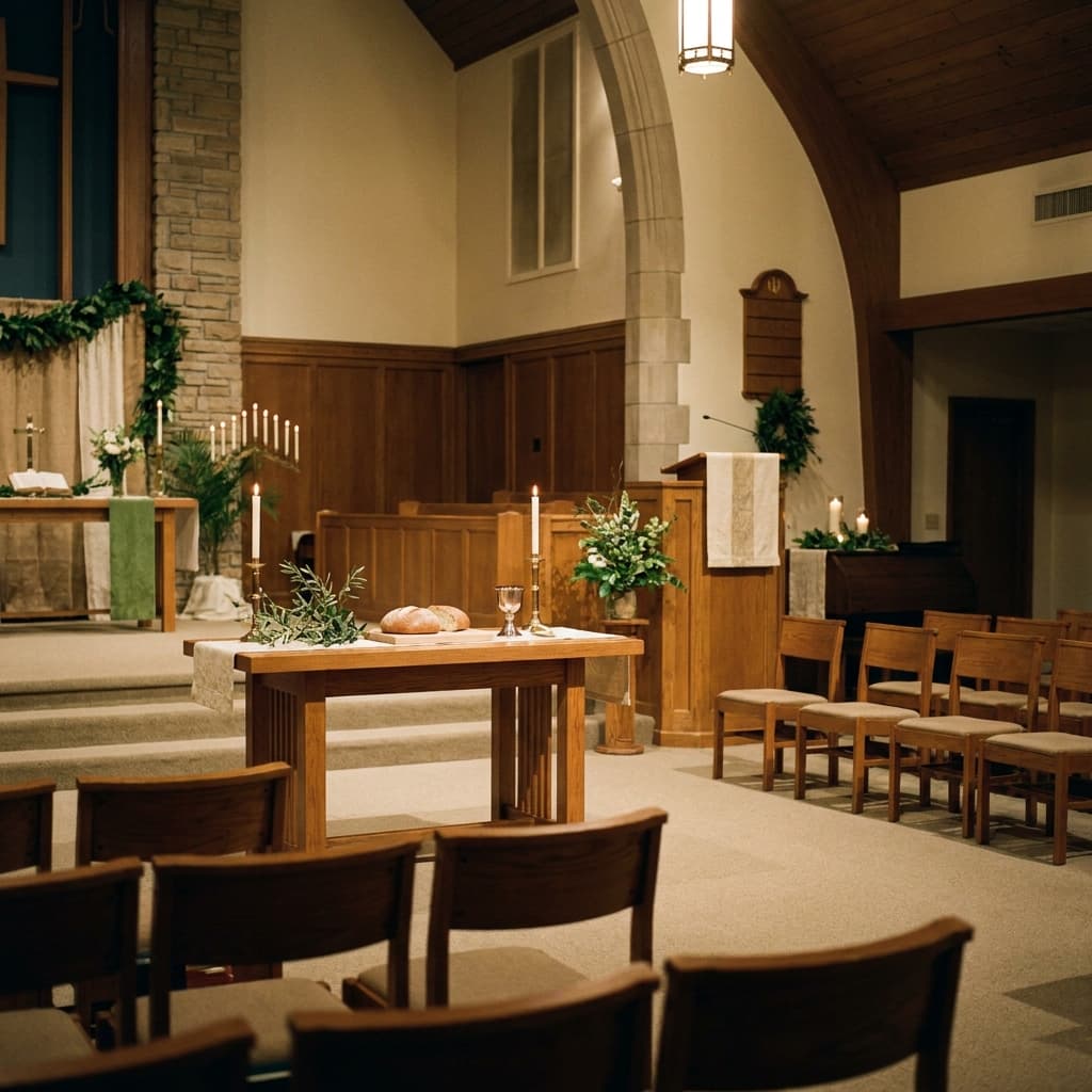 A peaceful church sanctuary prepared for an evening Holy Week service with warm lighting and a calm, welcoming atmosphere.