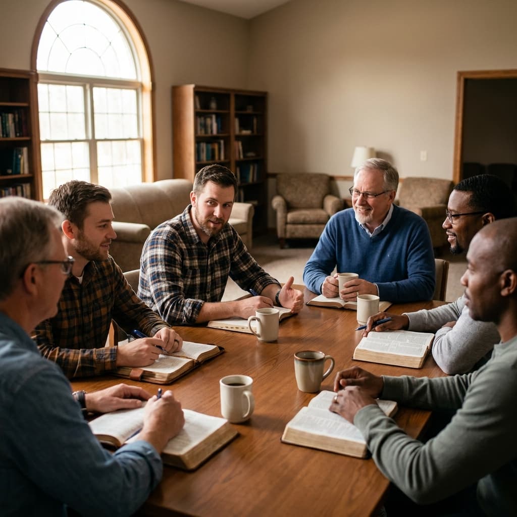A realistic men’s Bible study group gathered around a table in a welcoming church room, warm natural light, diverse American men, open notebooks and coffee, no visible readable text
