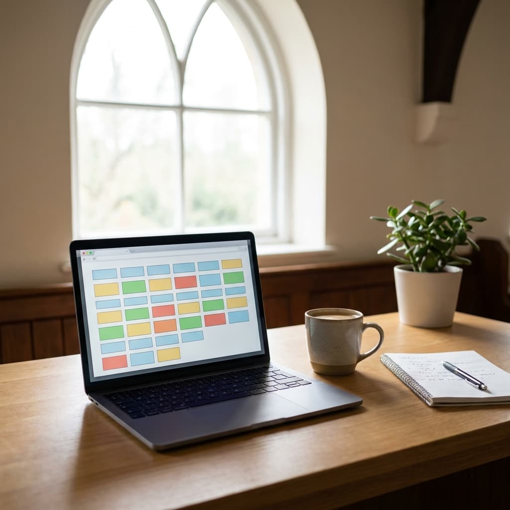 A clean church communications desk with a laptop showing an organized website checklist, coffee, notes, and natural morning light, no visible words