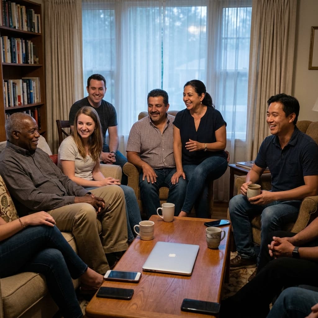 A warm realistic editorial image of a diverse American church small group gathered comfortably in a home living room, with subtle digital connection cues like phones set aside and a laptop closed, natural evening light, no visible text