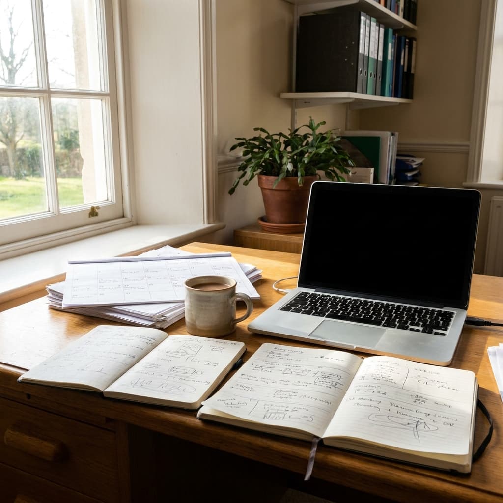 A warm church communications desk with a laptop, calendar, coffee, and simple planning notes for a weekly newsletter, natural light, no visible text