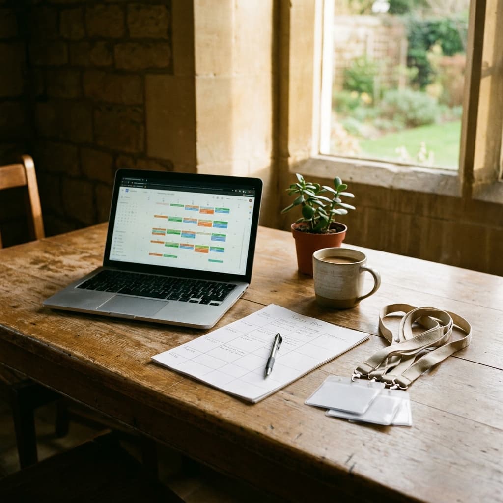 A calm church volunteer scheduling workspace with a laptop calendar, service plan, lanyards, and coffee on a table in warm natural light, no visible text or logos