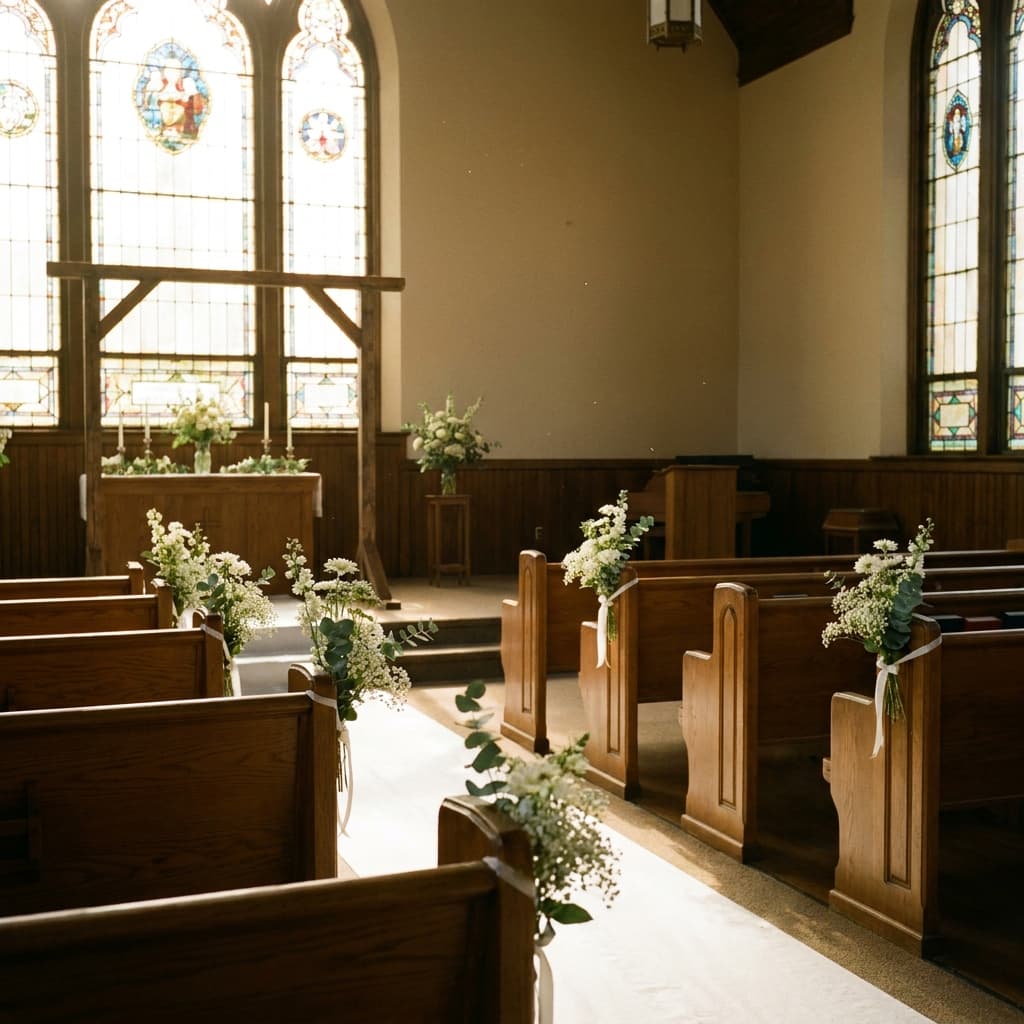A peaceful church sanctuary prepared for a wedding ceremony with simple floral arrangements and warm natural light, no people, no visible text