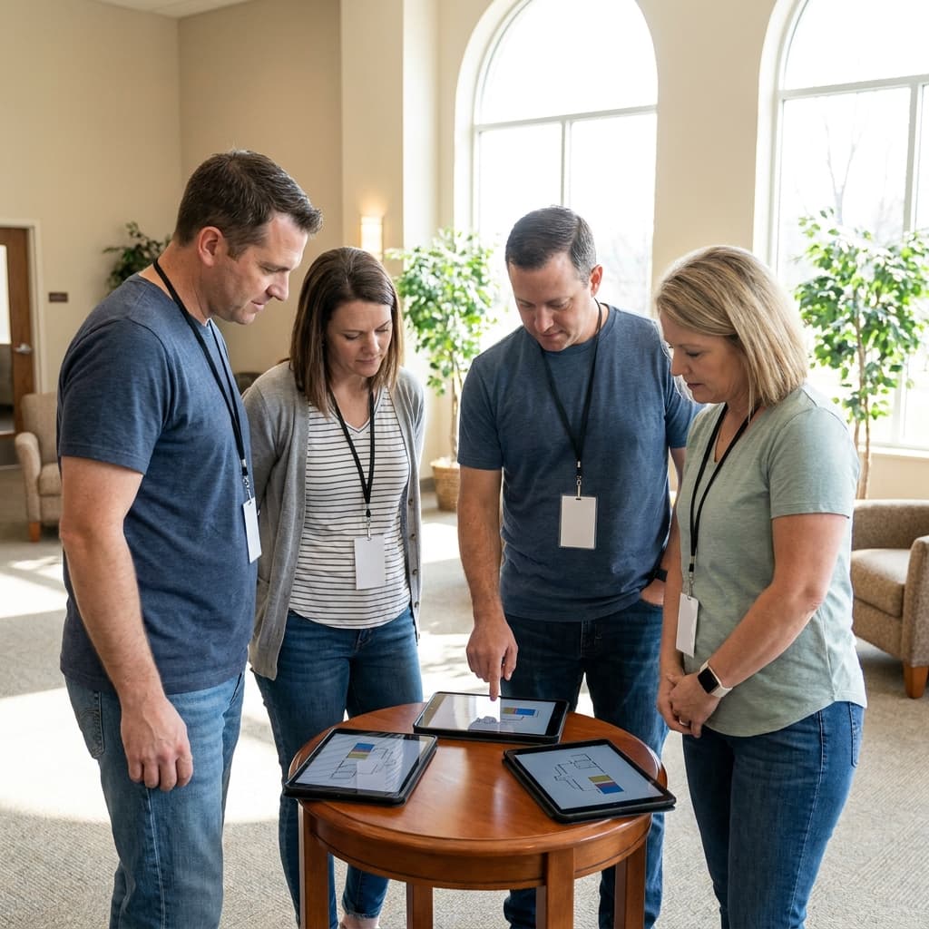 A calm church security and hospitality team reviewing a simple Sunday response plan on tablets in a bright church lobby, realistic, no visible text