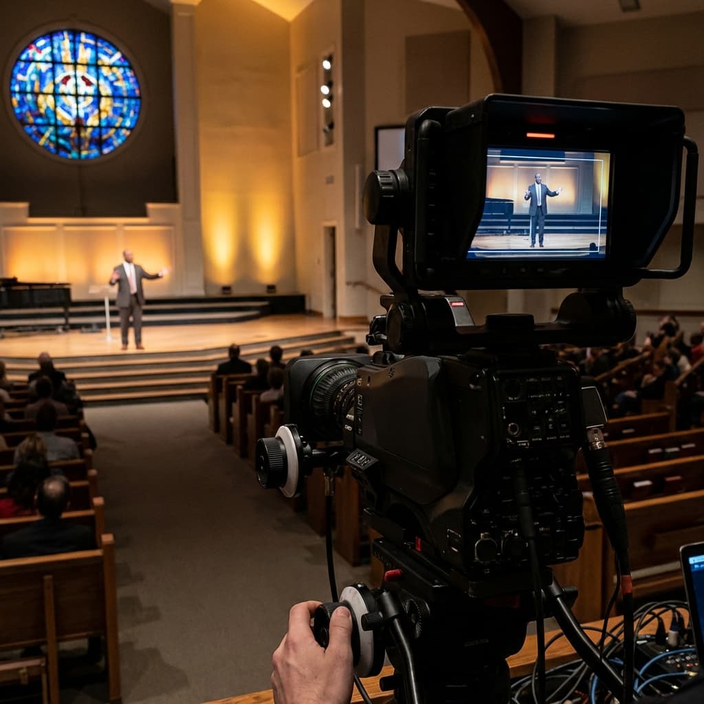 A video camera filming a pastor preaching on a church stage with stained glass window in background