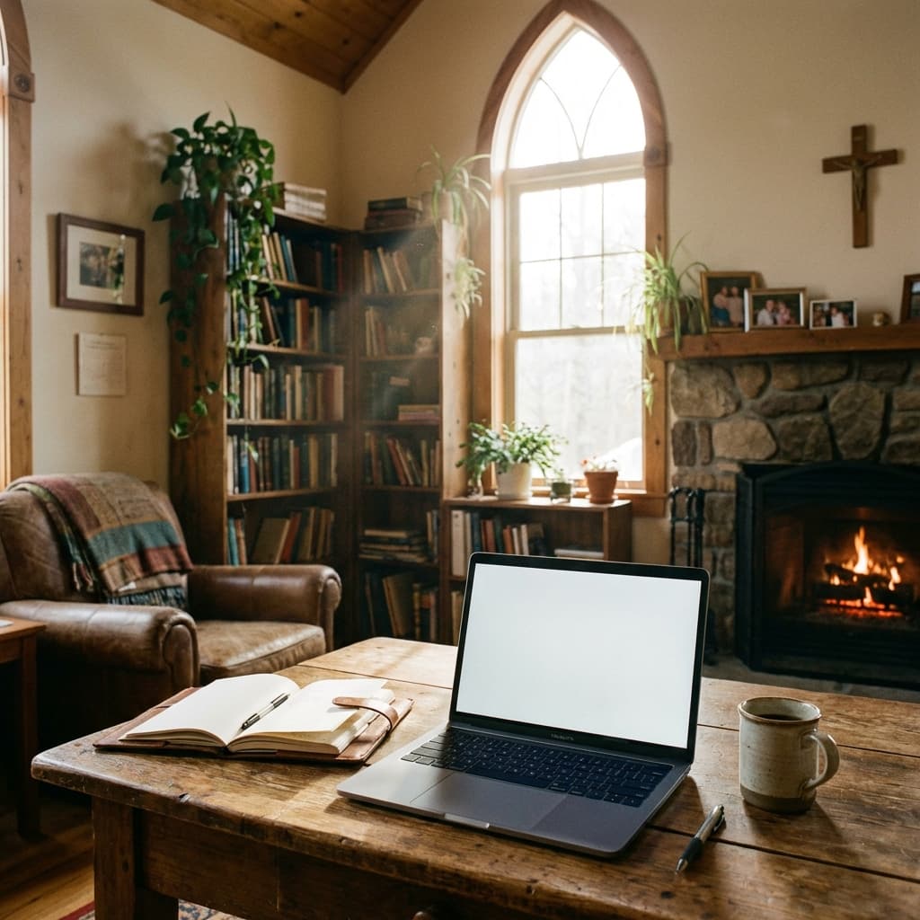 A warm church office with laptop, open Bible, and coffee mug on a wooden desk
