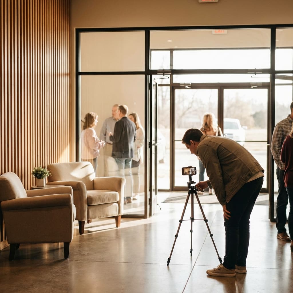 A warm modern church lobby with someone filming on a smartphone tripod