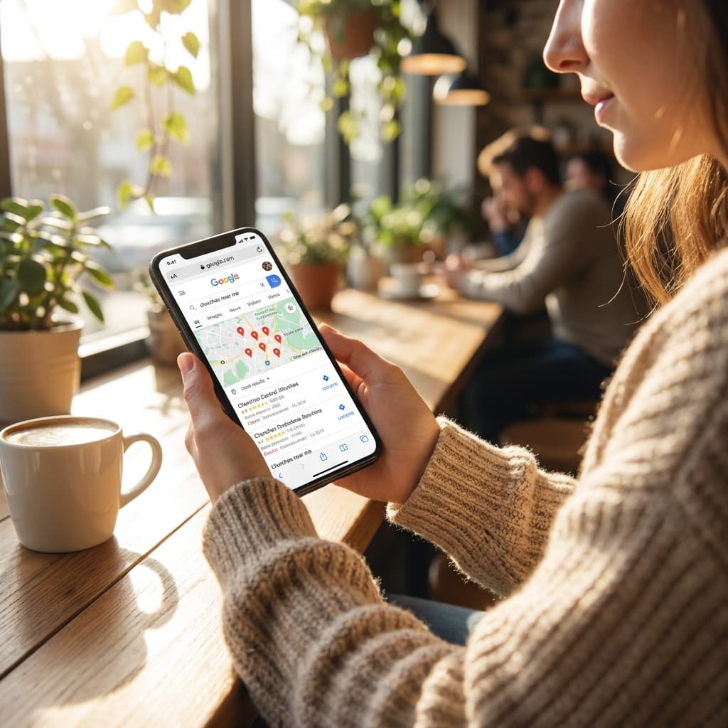 A person searching for churches on their phone in a coffee shop
