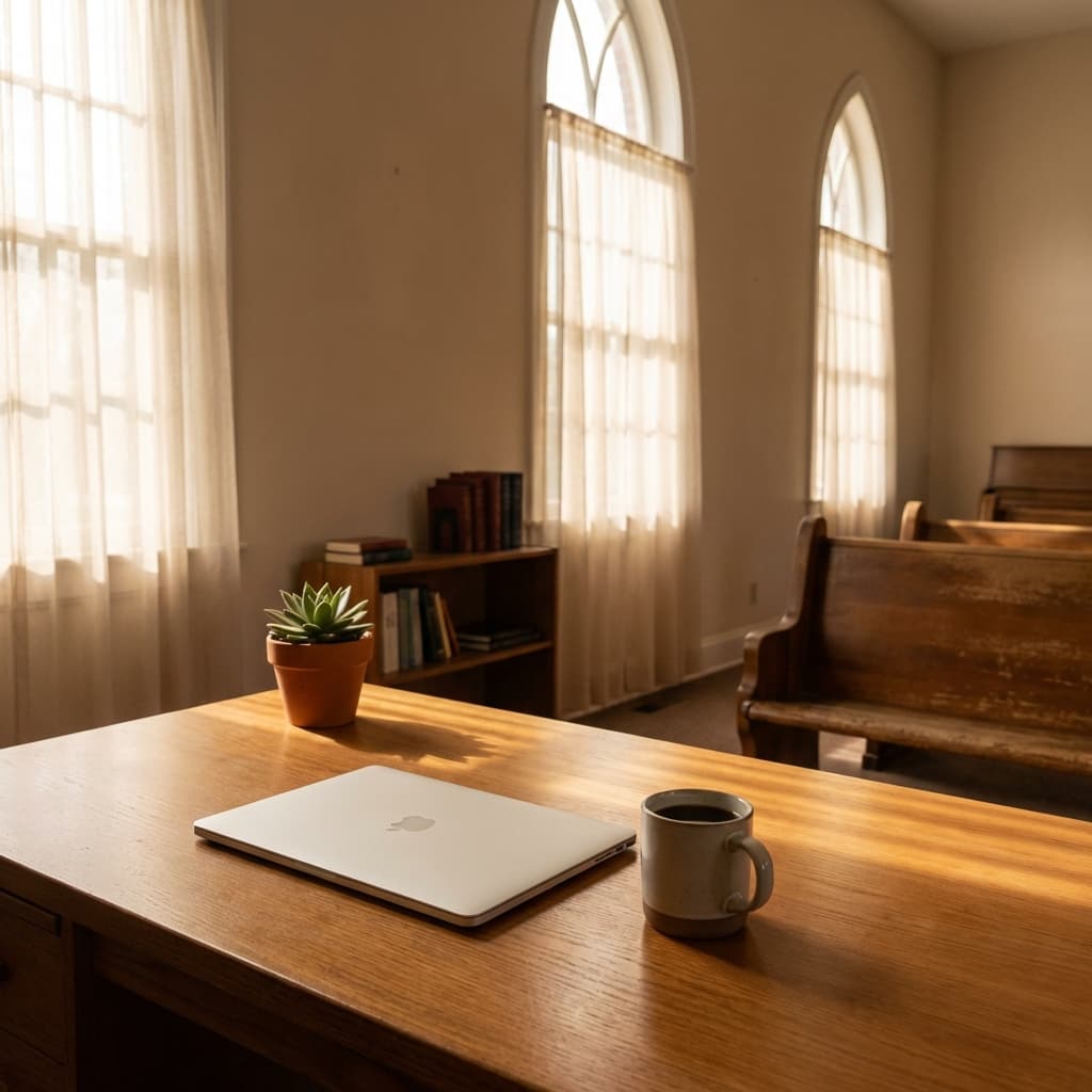 Clean modern desk in a sunlit church office with a closed laptop, coffee mug, and potted plant